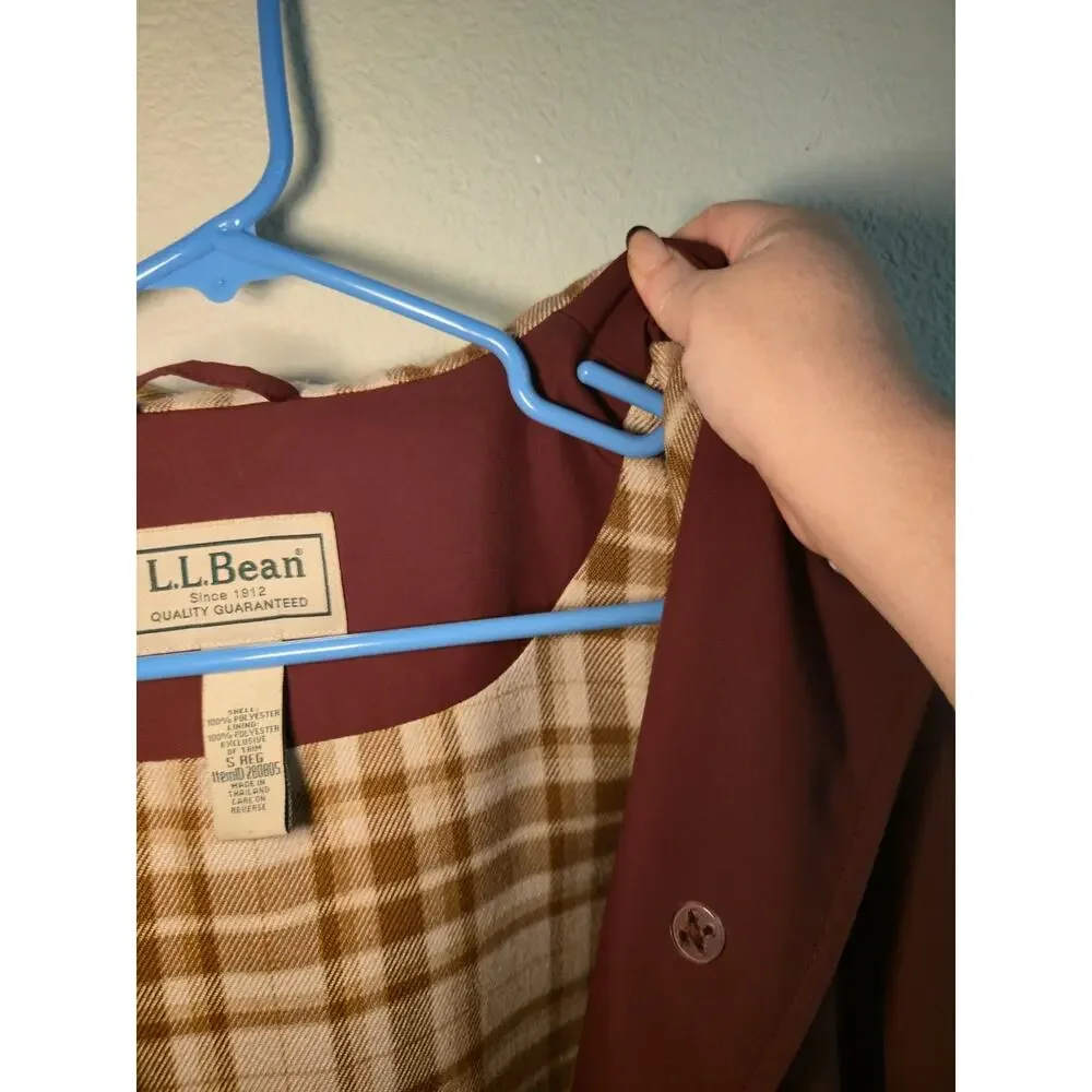 LL Bean Plaid Lined Hooded Rain Jacket Maroon Burgundy Coat Women's Size S Reg